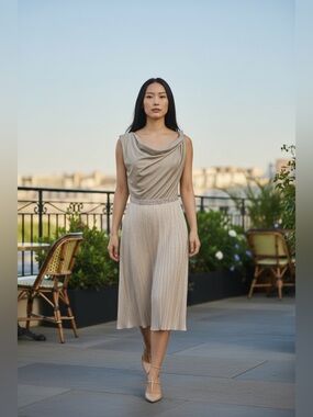 Tahari ASL Metallic Cowl Neck Cocktail Dress Pleated Skirt Beaded Waistband NWT